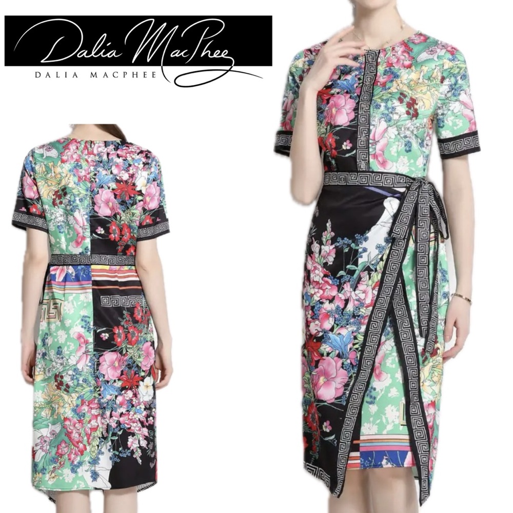Dalia MacPhee Floral Flower Botanical Print Wrap Front Midi Greek Key Dress L